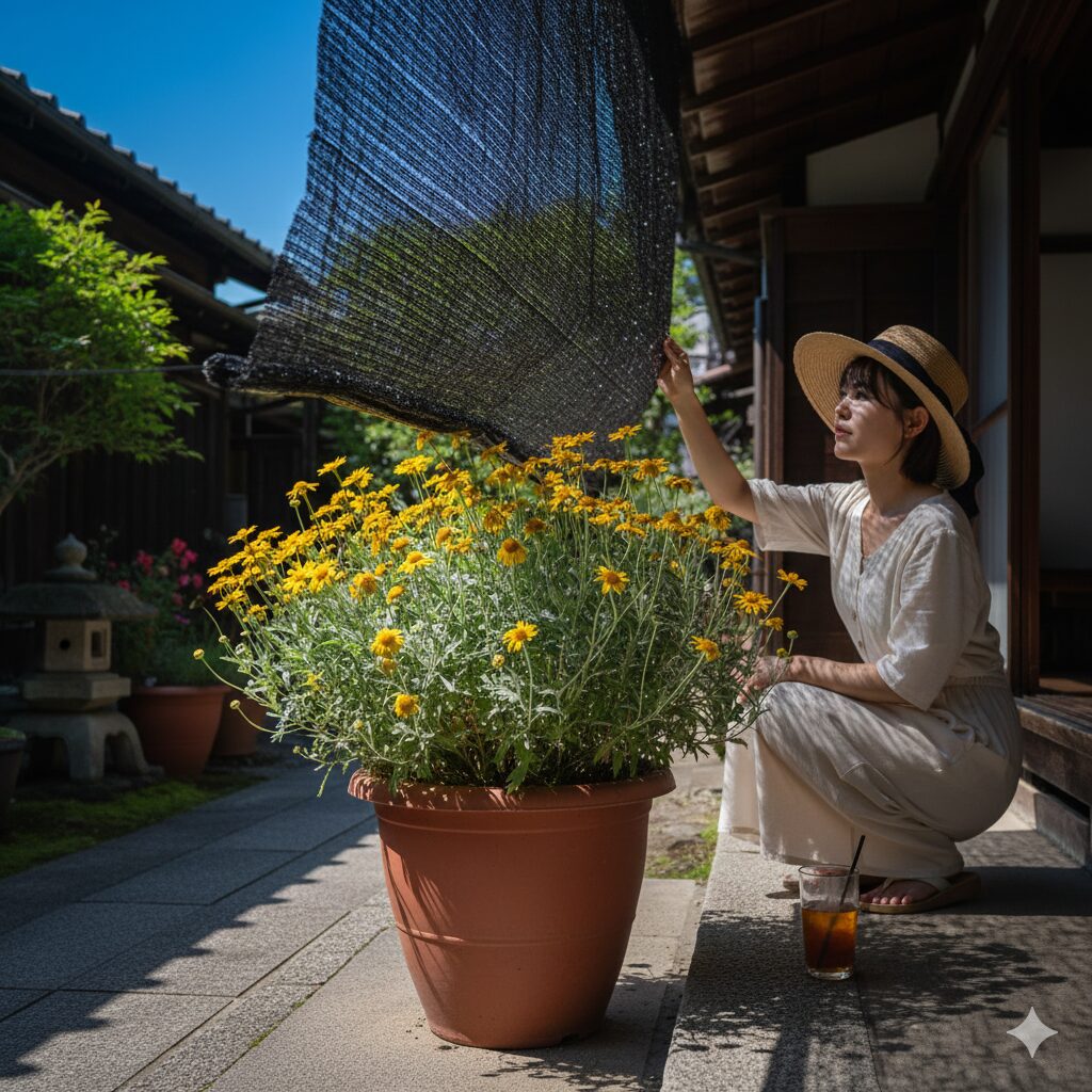 ユリオプスデージー 鉢植え　ユリオプスデージーの夏越し対策：軒下の半日陰に移動し、すだれで強い西日を遮光している様子