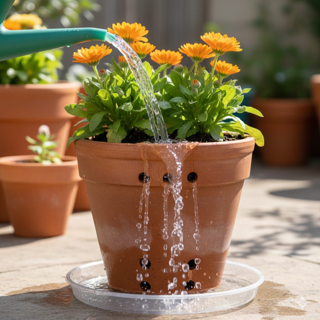 ユリオプスデージー 鉢植え　正しい水やりの方法：鉢底から水が流れ出るまでたっぷりと与え、土の中の空気を入れ替える