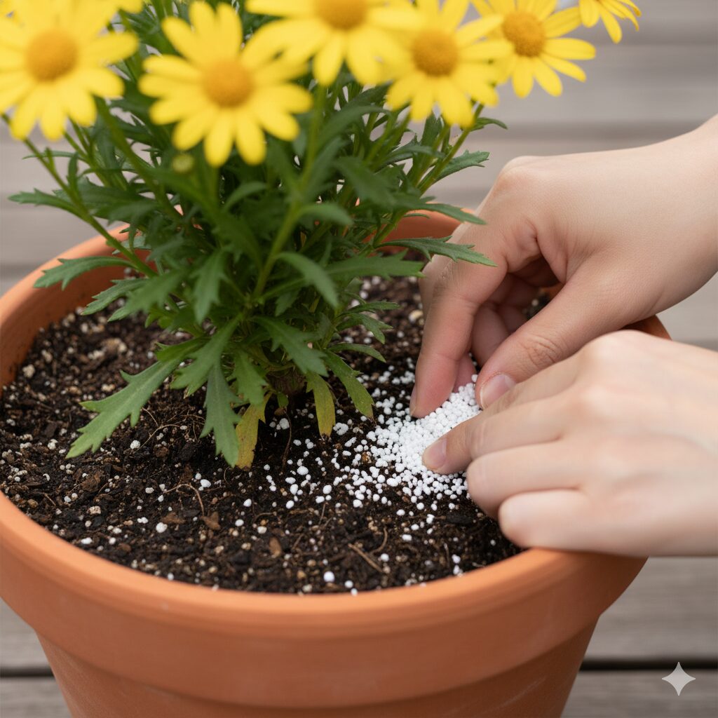 ユリオプスデージー 鉢植え　鉢植えへの追肥：ユリオプスデージーの株元に置かれた緩効性化成肥料（置き肥）