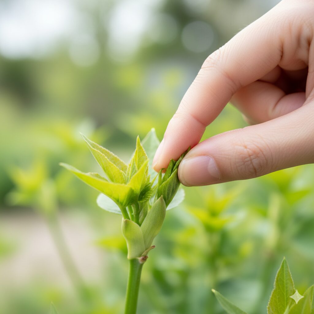 ユリオプスデージー 鉢植え　摘心（ピンチ）のやり方：新芽の先端を指で摘み取り、脇芽の発生を促す作業