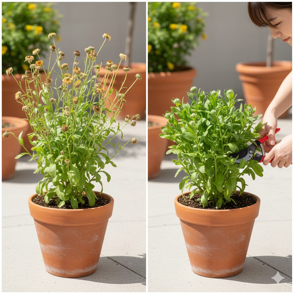 ユリオプスデージー 鉢植え　切り戻し剪定のビフォーアフター：伸びすぎた枝を半分程度まで短く剪定し、樹形を整える様子