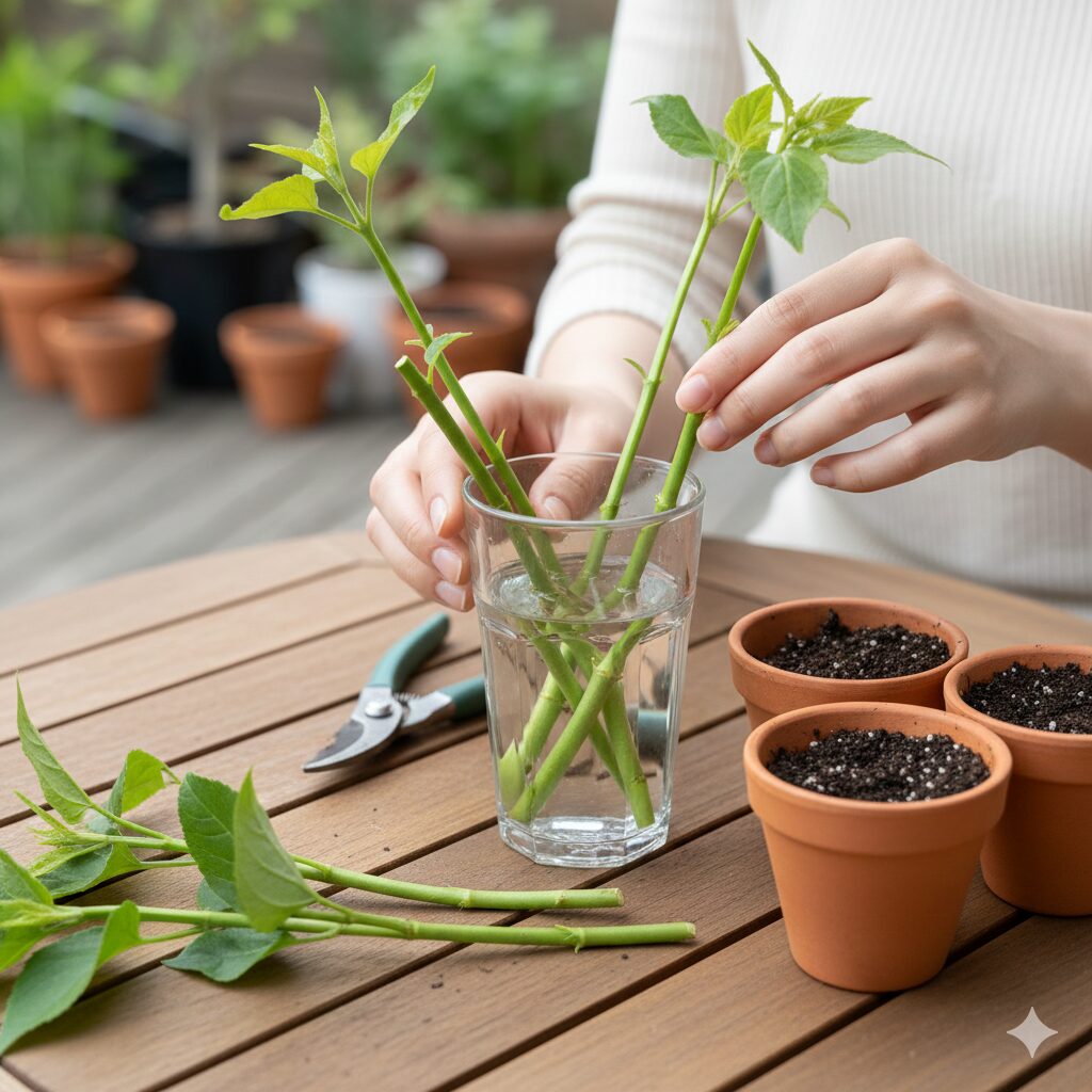 ユリオプスデージー 鉢植え　ユリオプスデージーの挿し木手順：下葉を処理し水揚げ中の挿し穂と清潔な用土の準備