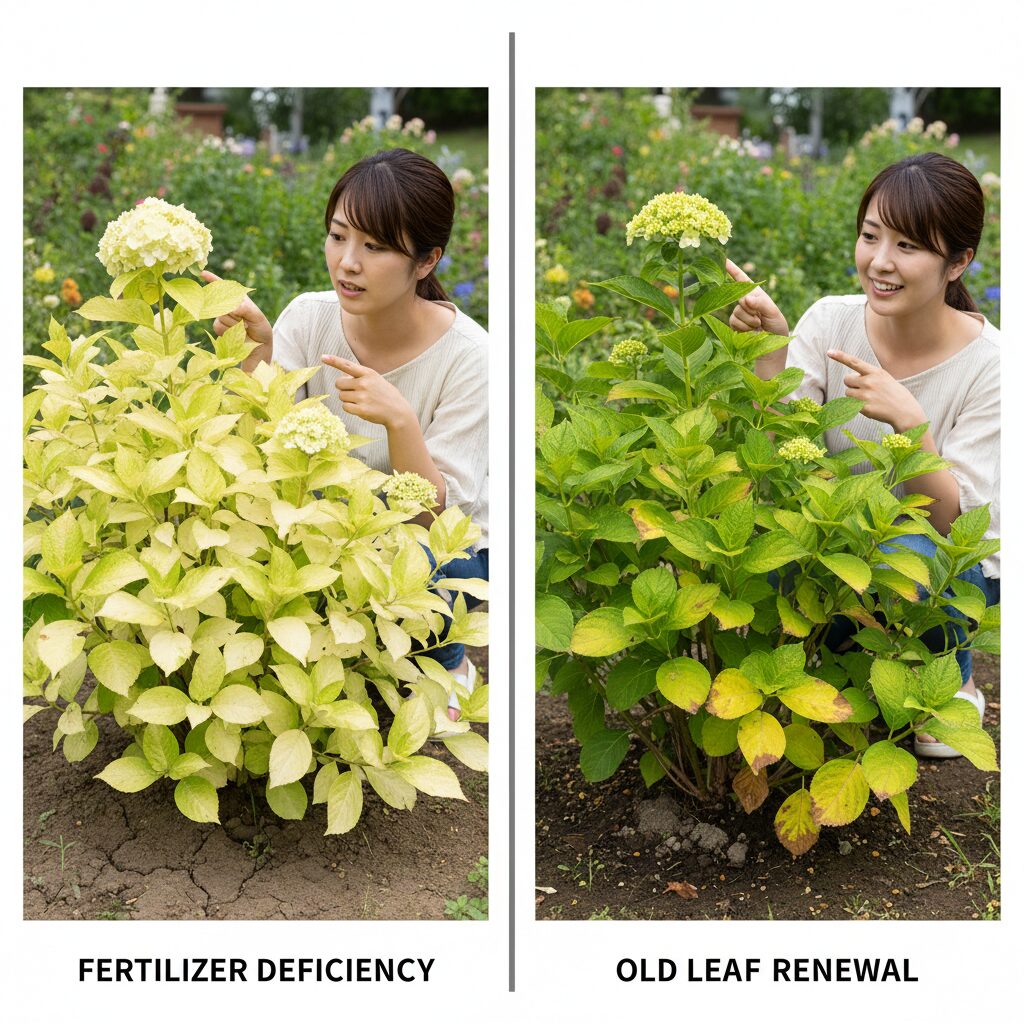 ラグランジアの葉が黄色い原因の比較。「肥料不足」(全体が黄緑)と「古葉の更新」(下葉が黄色)の違い。