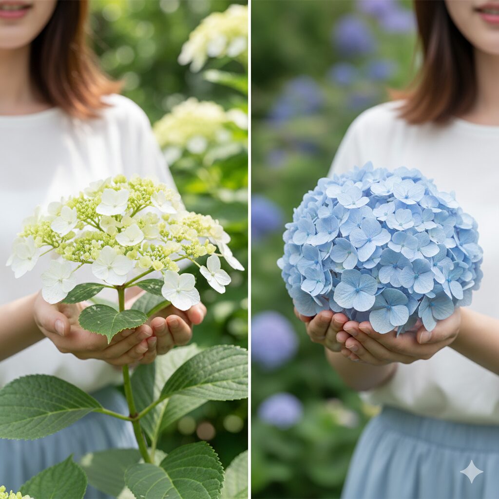 ラグランジアのブライダルシャワー(ガク咲き)とクリスタルヴェール(手毬咲き)の花の形状比較。
