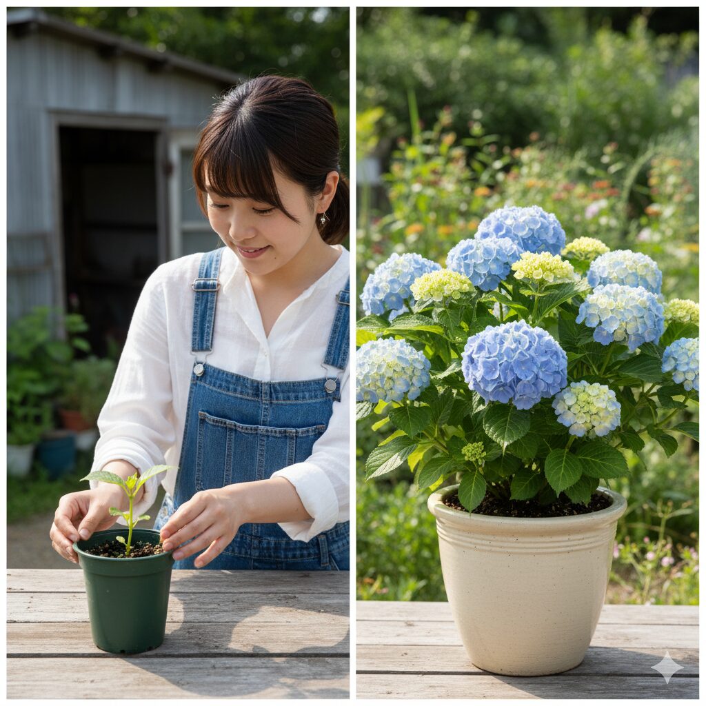 ラグランジア クリスタルヴェールの販売形態の違い。左は小さなポット苗、右は花が咲いた大株(完成株)。