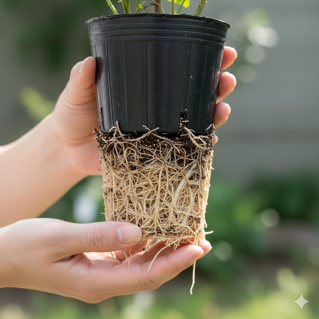 鉢植えが根詰まりを起こし、鉢底穴から根が飛び出している状態。植え替えのサイン。