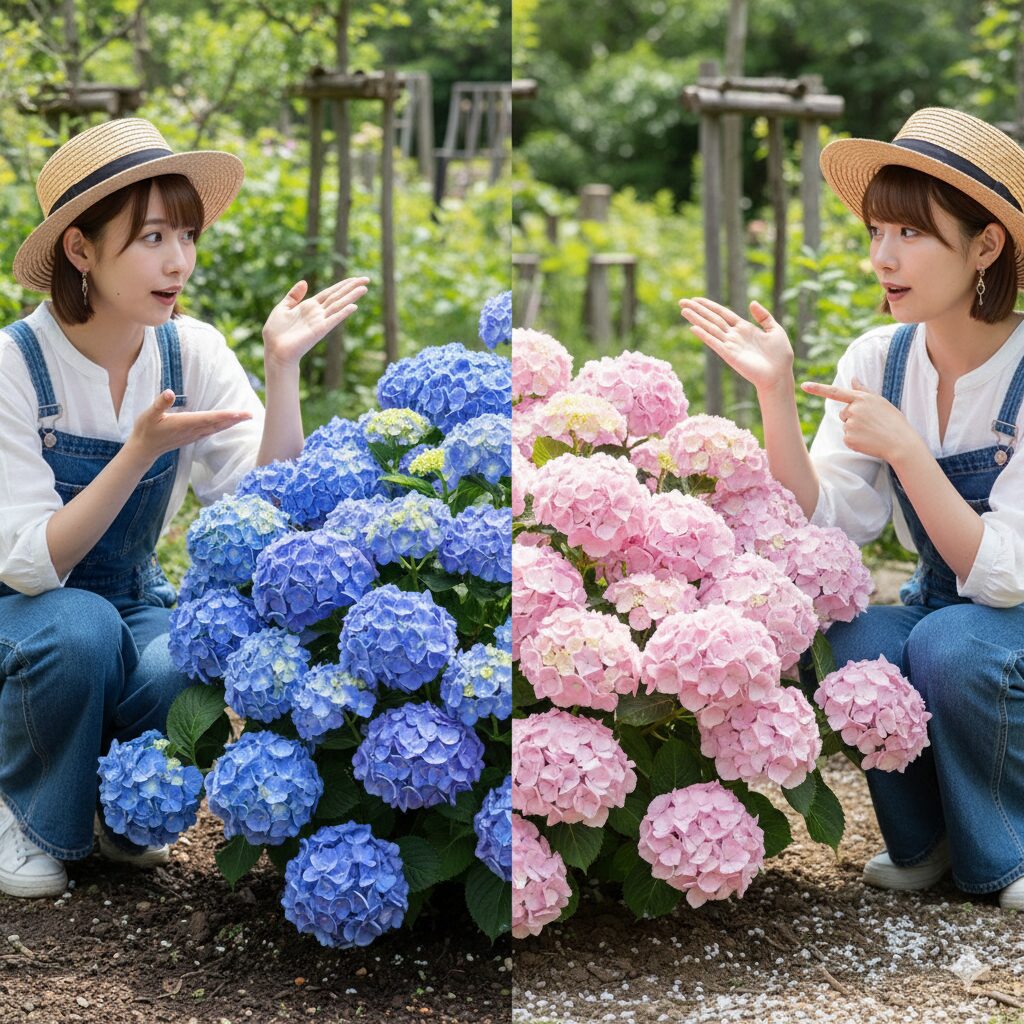 ラグランジア クリスタルヴェールの花色変化。土壌pHによる青色(酸性)とピンク色(アルカリ性)の違い。