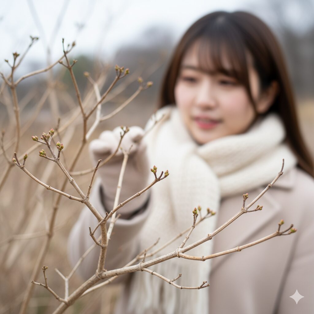 冬越しのラグランジアの枝。葉は落ちているが、節々に翌年の新芽があり枯れていない状態。