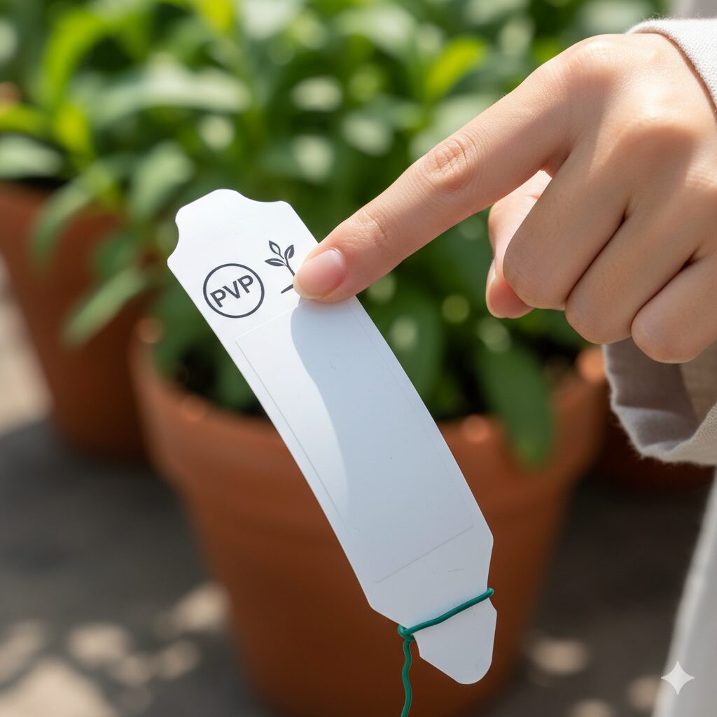 ラグランジア シャンデリーニのラベルに記載された「PVP」(品種登録)マークのクローズアップ。