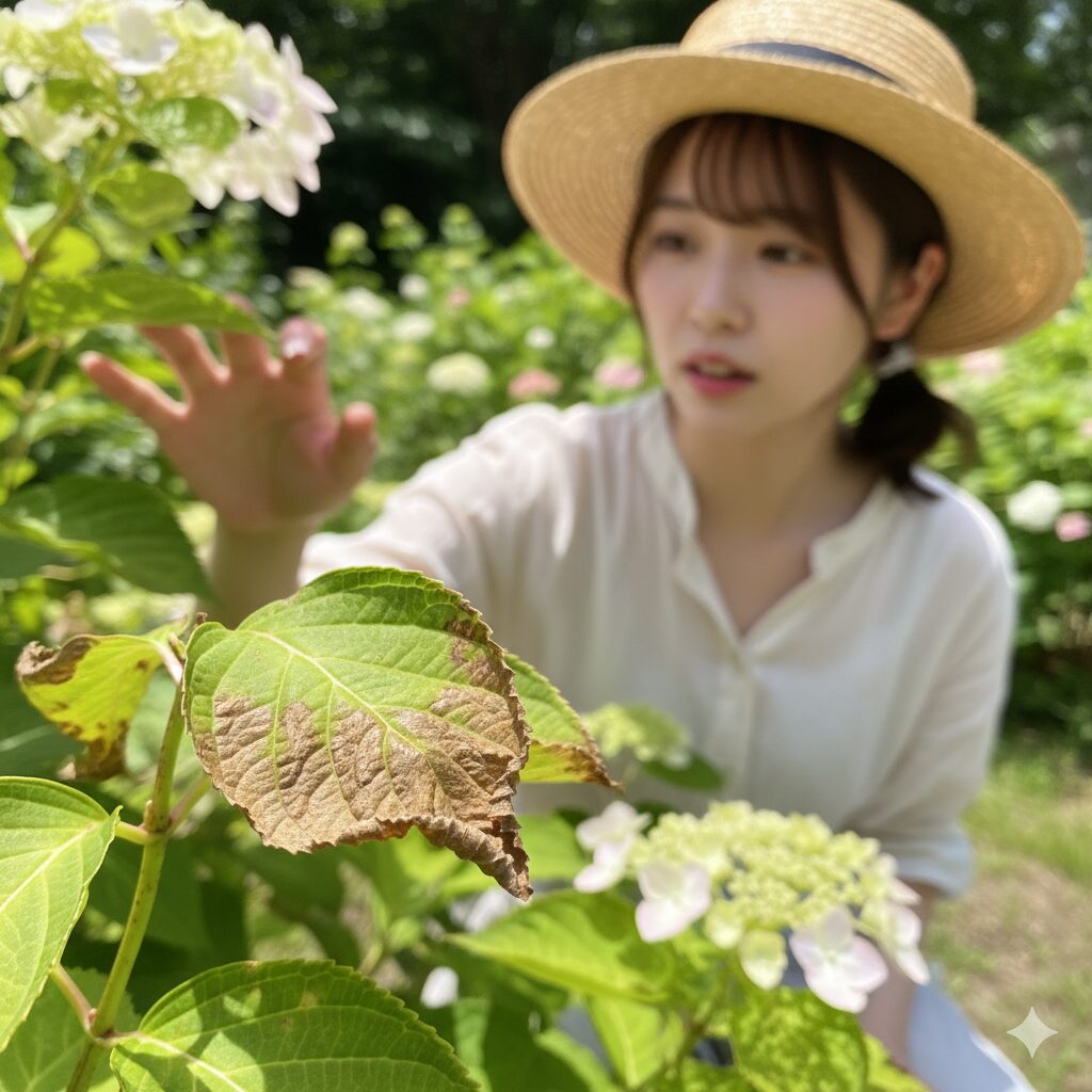 夏の強烈な日光を浴びて「葉焼け」を起こしたラグランジア シャンデリーニの葉のクローズアップ写真。葉の縁や中央部分が茶色くチリチリに枯れ、乾燥している様子がはっきりとわかる。