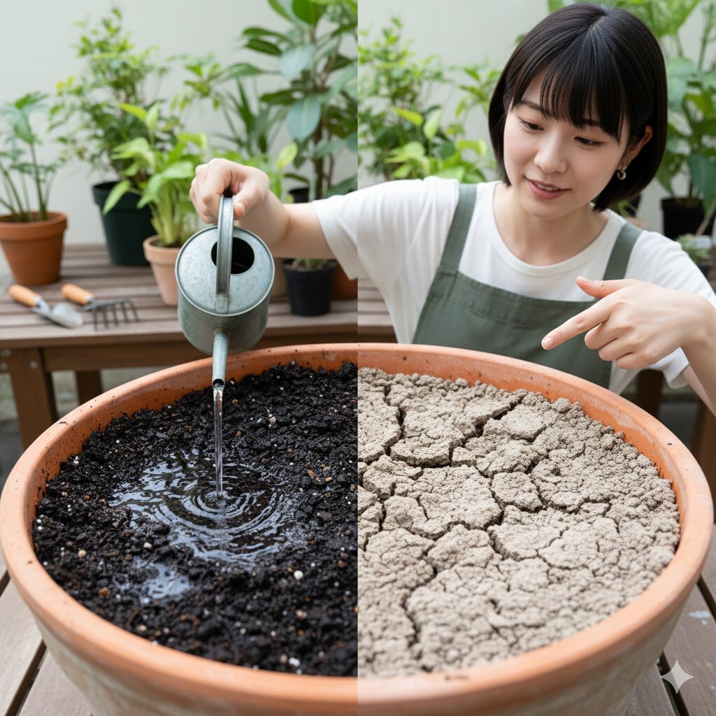 ラグランジア シャンデリーニの水やりのタイミングの目安。湿って黒い土と、乾いて白っぽい土の表面の比較。