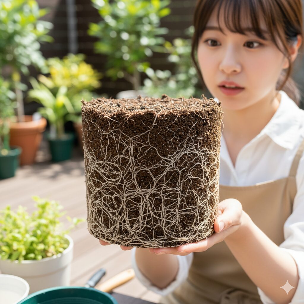 ラグランジア シャンデリーニの鉢の中で根がびっしりと回り、カチカチになった「根詰まり」の状態の根鉢。