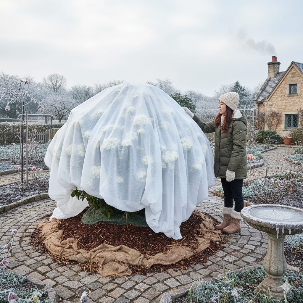 寒冷地で不織布をかけて「冬越し」の準備をしているラグランジア シャンデリーニの地植え株。