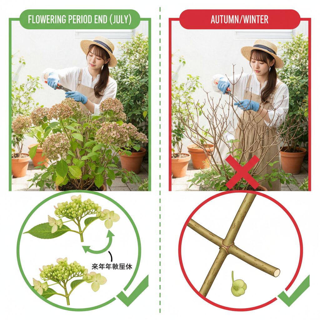 ラグランジア シャンデリーニの花が咲かない原因「剪定時期の間違い」を示すイラスト。秋に剪定して花芽を切る様子。