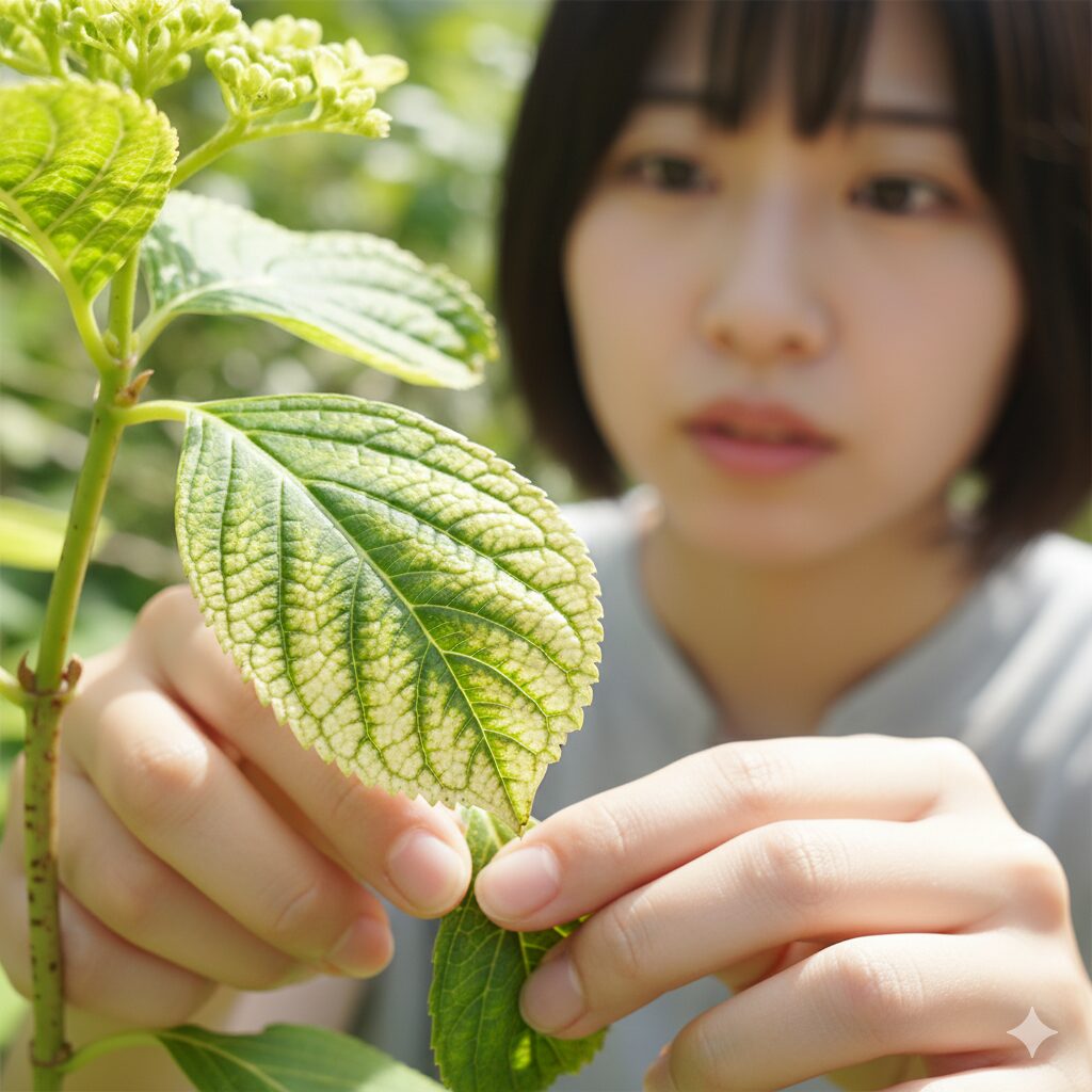 葉脈は緑だが葉肉が黄色い「肥料切れ(マグネシウム欠乏)」のラグランジア シャンデリーニの葉。