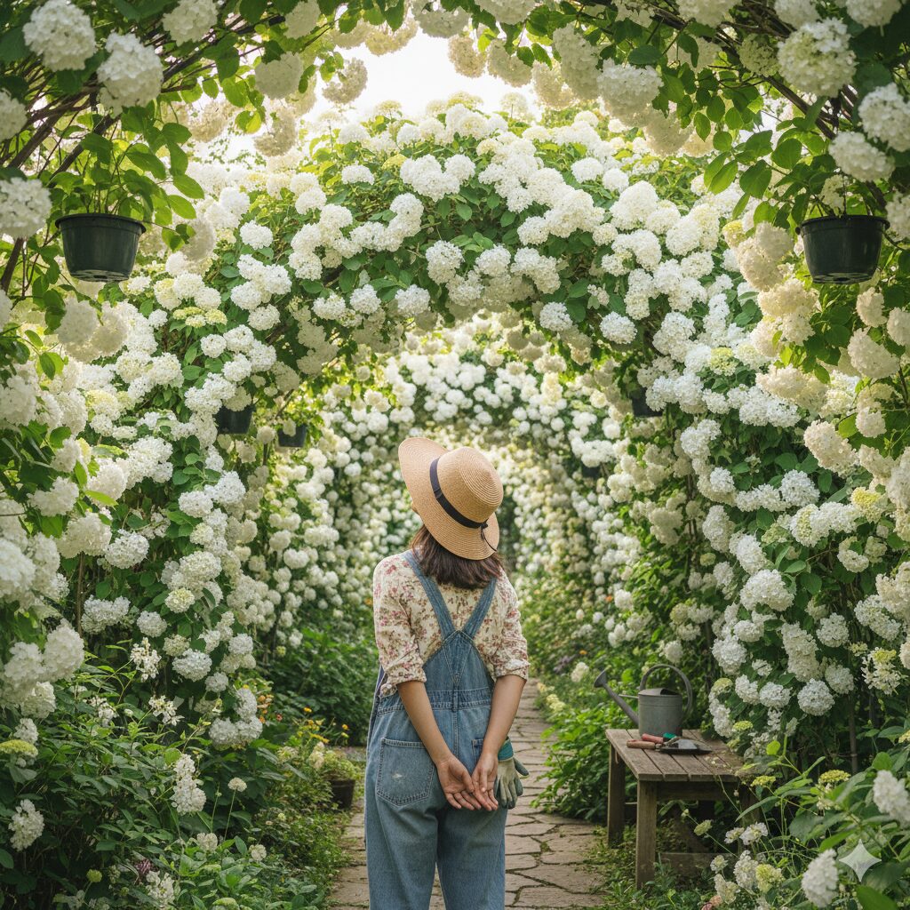 満開のラグランジアブライダルシャワーを見上げるガーデナーの後ろ姿