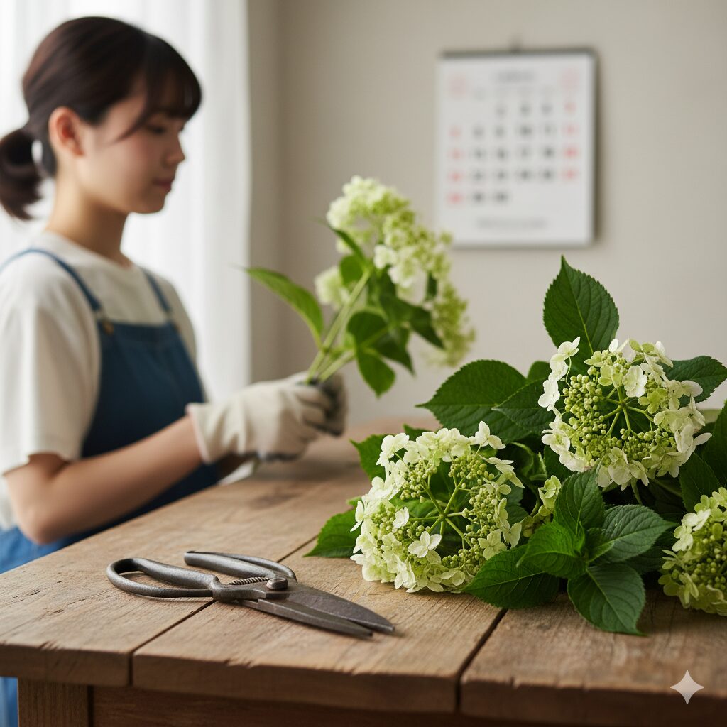 剪定ばさみが写っており、その隣に切り落とされたアジサイの枝が積み重なっている。剪定のNG時期を示すカレンダーが背景にぼんやりと見える。