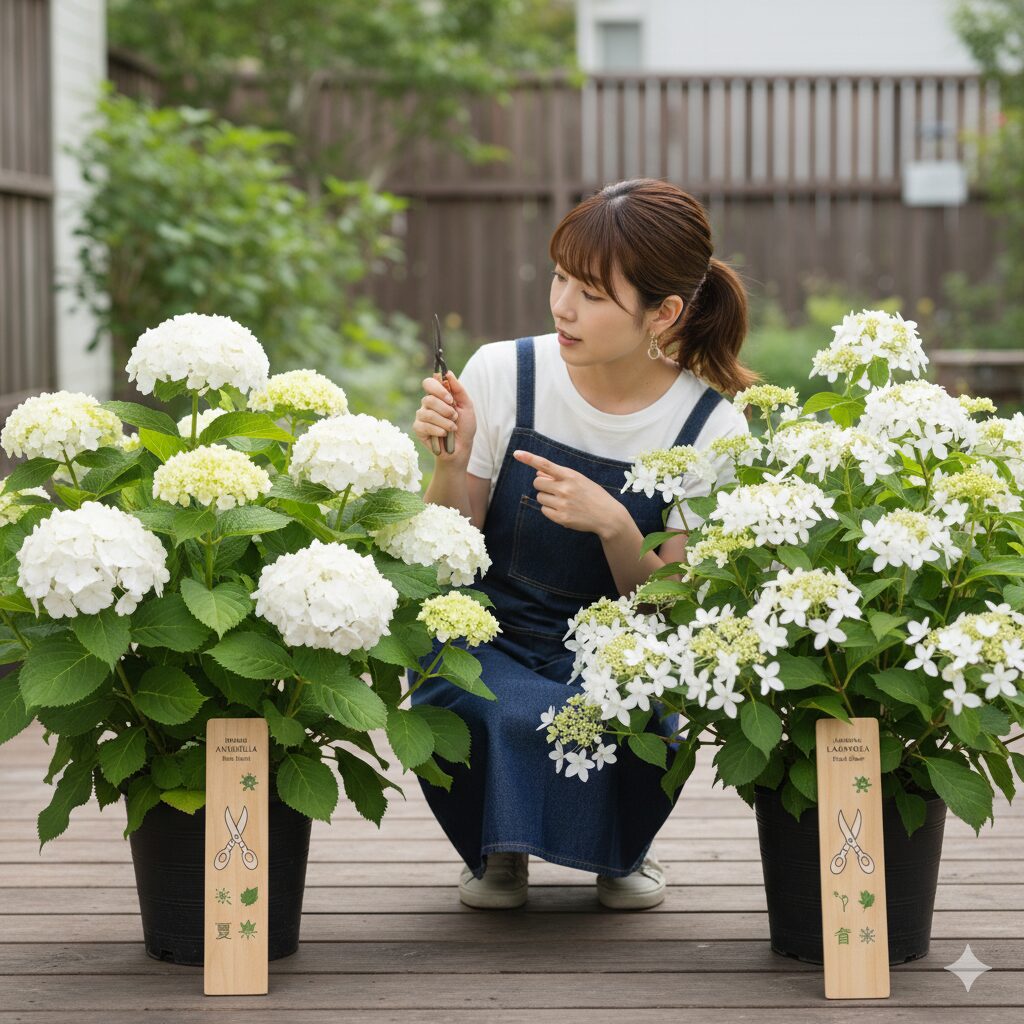 新枝咲きアナベルと旧枝咲きラグランジアブライダルシャワーの比較と剪定時期の表示