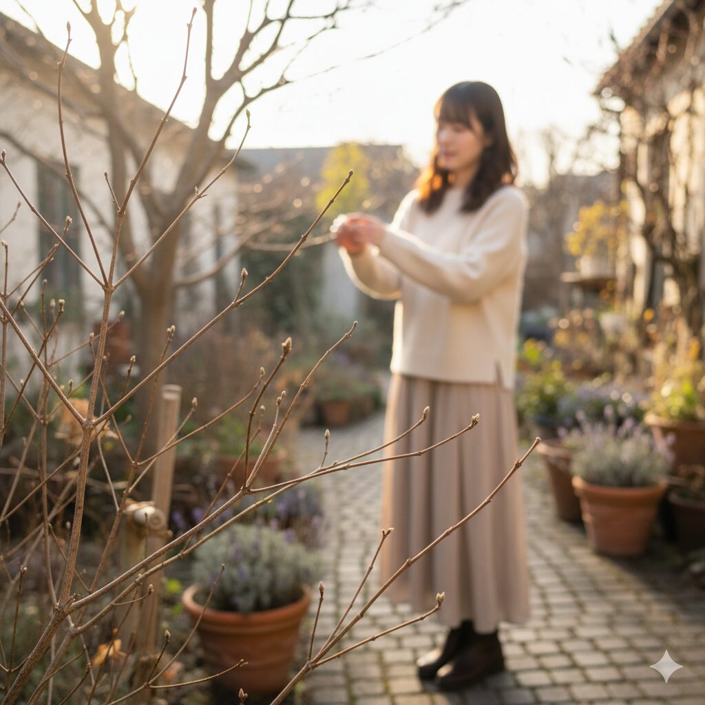 冬のラグランジアブライダルシャワーの休眠期の枝と隠れた花芽のクローズアップ