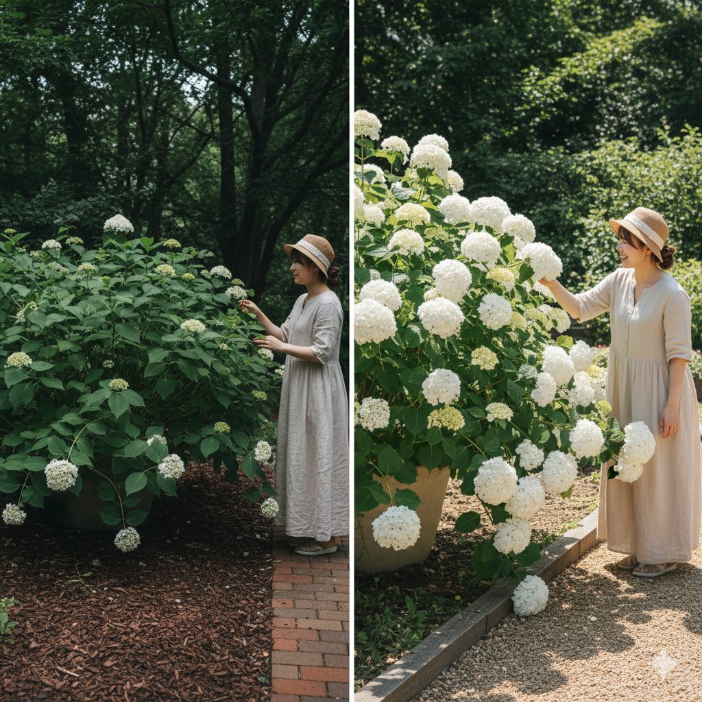 日照不足で葉ばかり茂るラグランジアと日当たりの良い場所で咲くラグランジアの比較