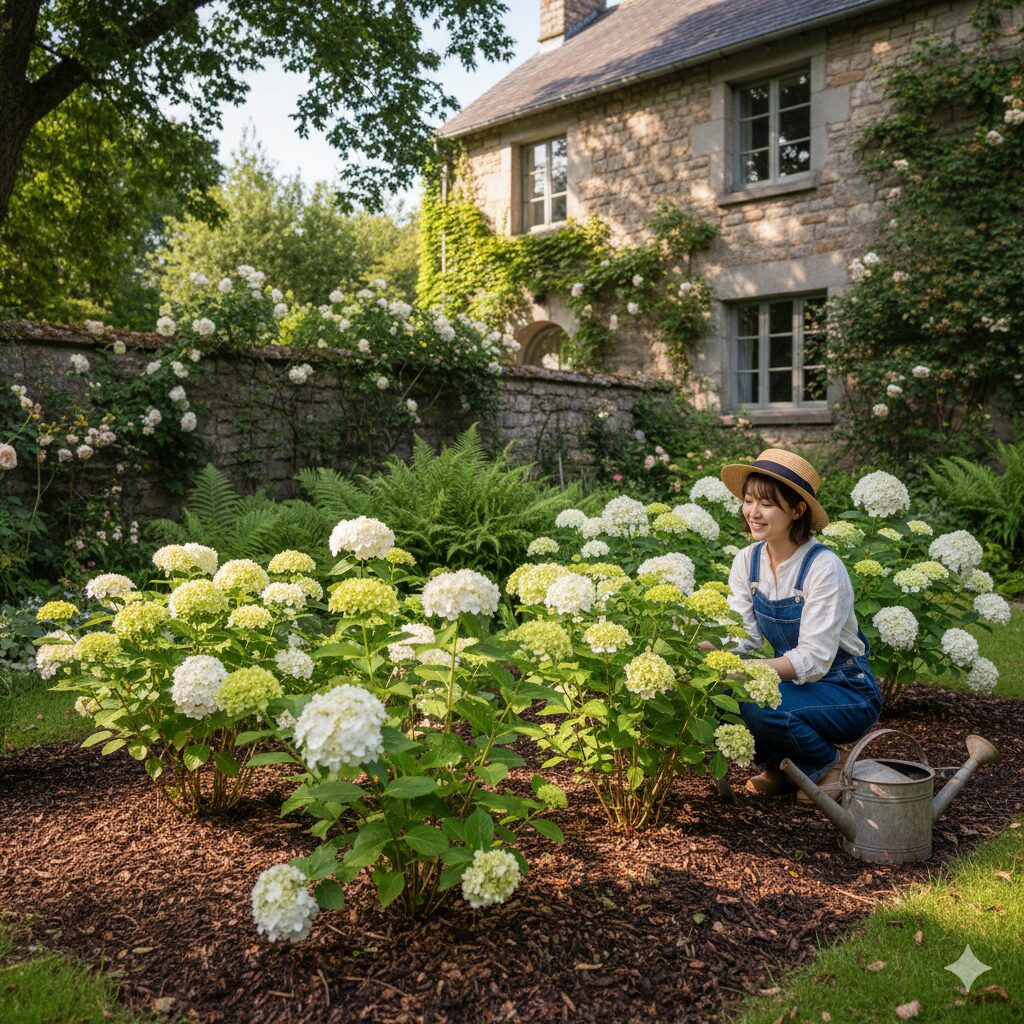 明るい半日陰に地植えされ土壌改良されたラグランジアブライダルシャワー