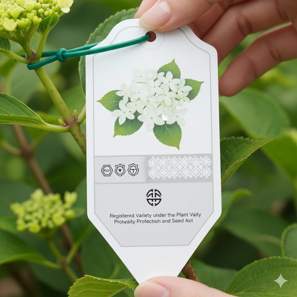 種苗法による保護を示すラグランジア ブライダルシャワーの公式品種ラベル（PVPマーク）