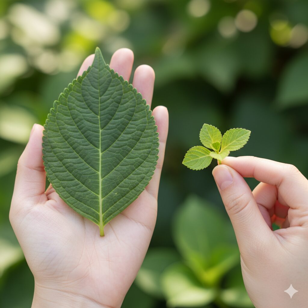 従来のアジサイの大きな葉とラグランジア ブライダルシャワーの小さな葉のサイズ比較