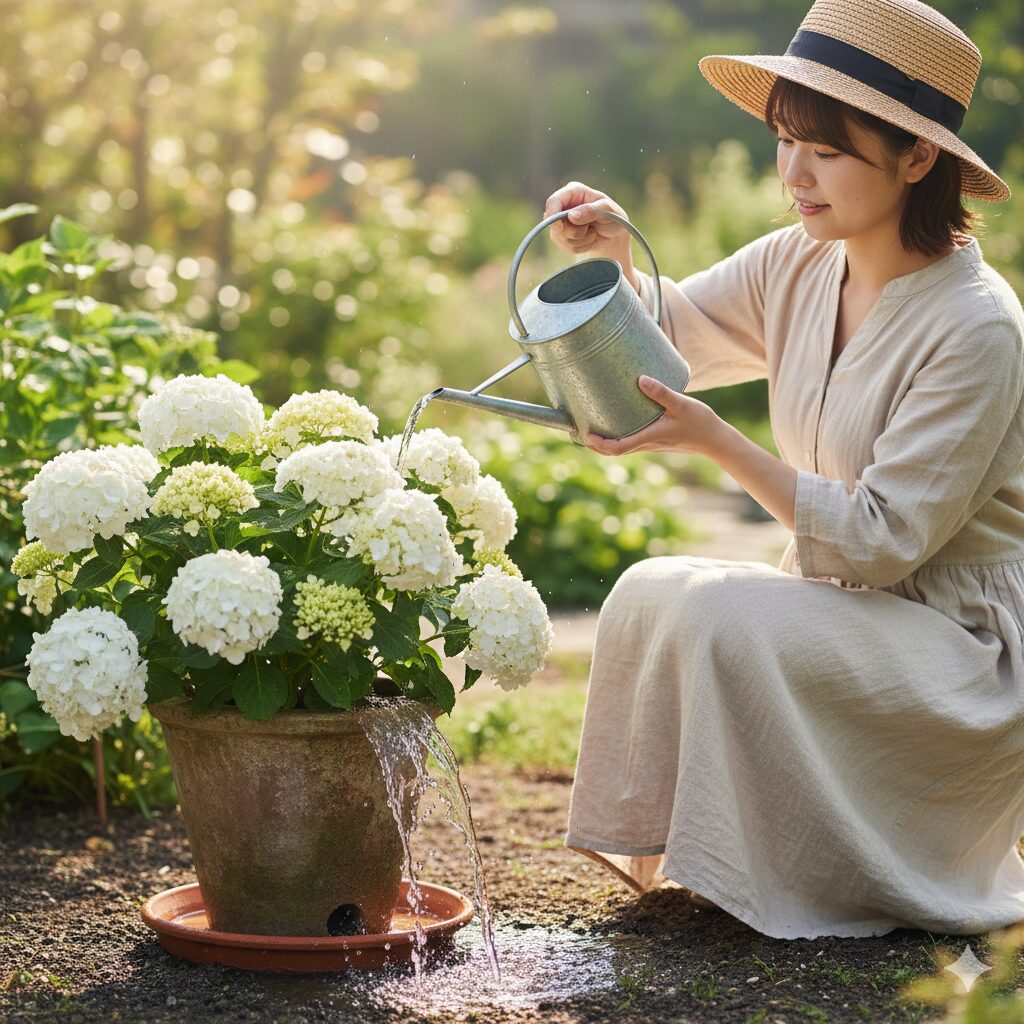 鉢植えの水やりの基本（鉢底から水が流れるまでたっぷり与える様子）
