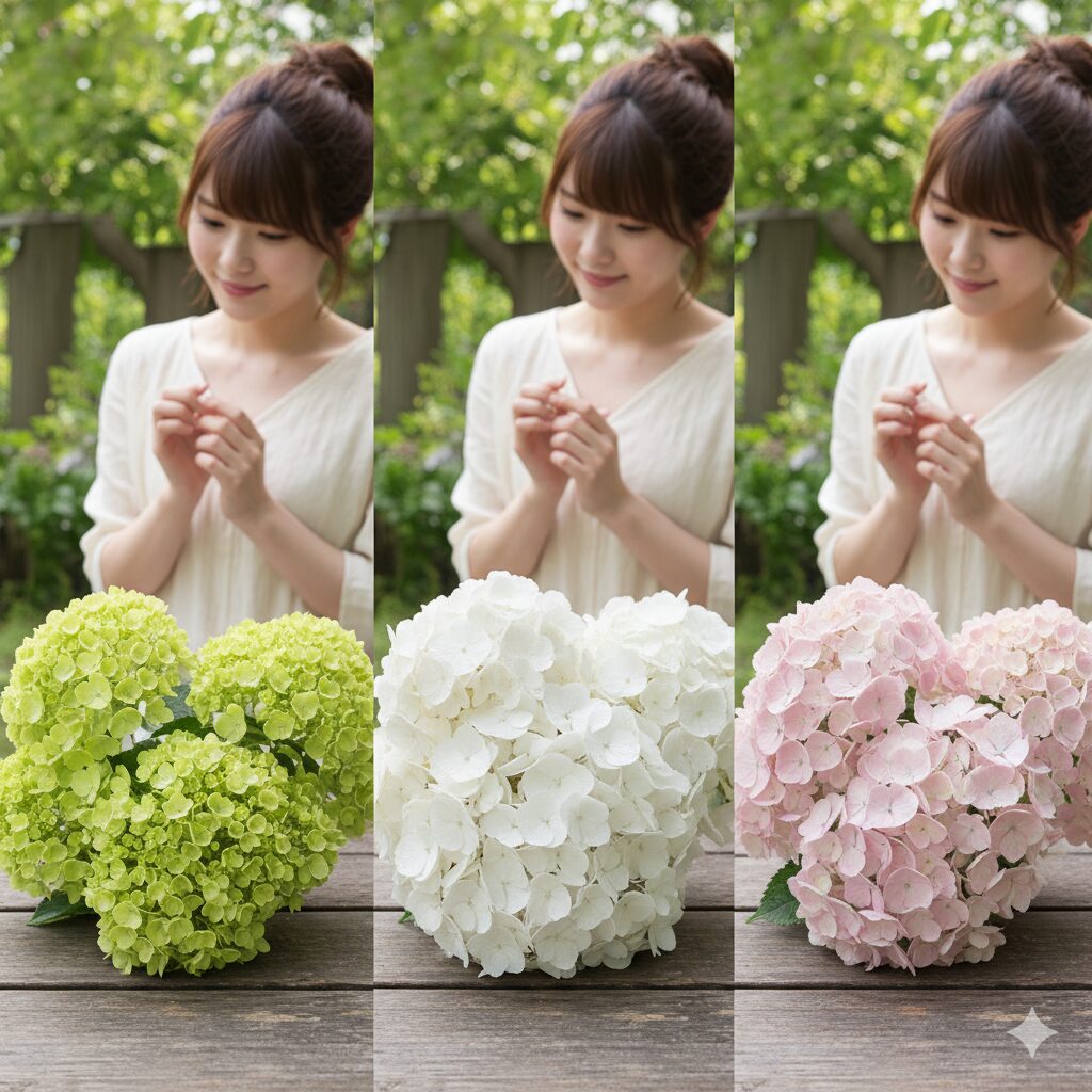 ラグランジア ブライダルシャワーの花色変化（ライムグリーン、ホワイト、ピンクの3段階）