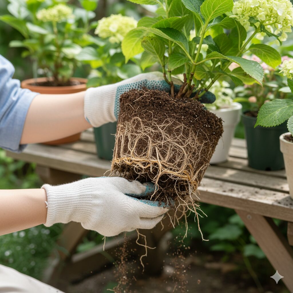 ラグランジア ブライダルシャワーの植え替え作業（根鉢をほぐしている様子）