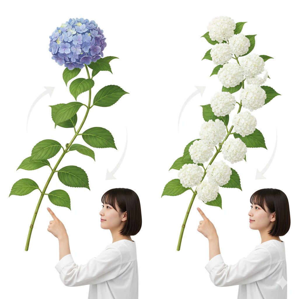 ラグランジアの側芽開花性（従来のアジサイとの開花位置の比較図解）