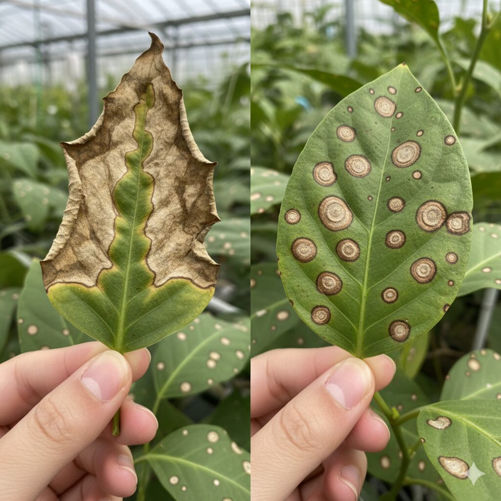 ラグランジアの葉が茶色くなる原因（葉焼けと炭疽病の症状比較）