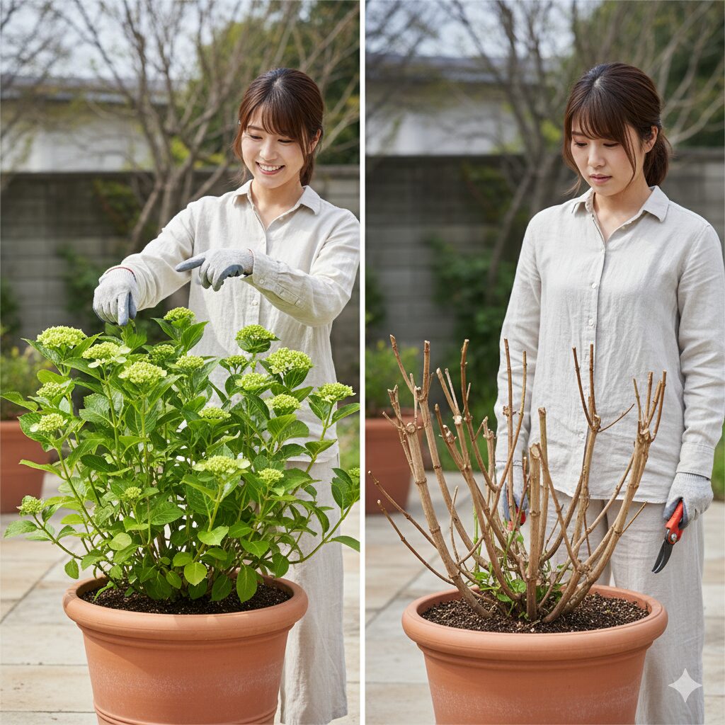 ラグランジアをコンパクトにする剪定の最適時期(花後すぐ)と、遅れた場合(秋以降)の翌年の花数の違いを示す比較図