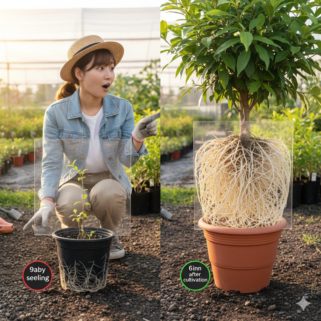 地植えに失敗しやすいラグランジアのベビー苗(左)と、地植えに適した育苗後の若木(右)の比較