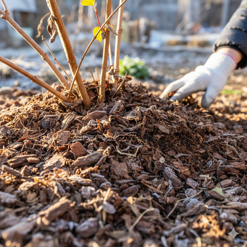 地植えラグランジアの冬越し対策として、株元を腐葉土で厚くマルチングしている様子