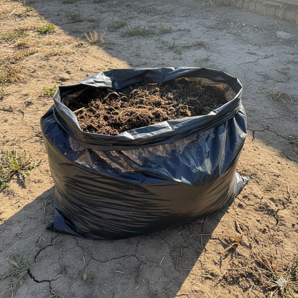 古い培養土を黒いビニール袋に入れ、太陽熱で土壌消毒（リサイクル）している様子