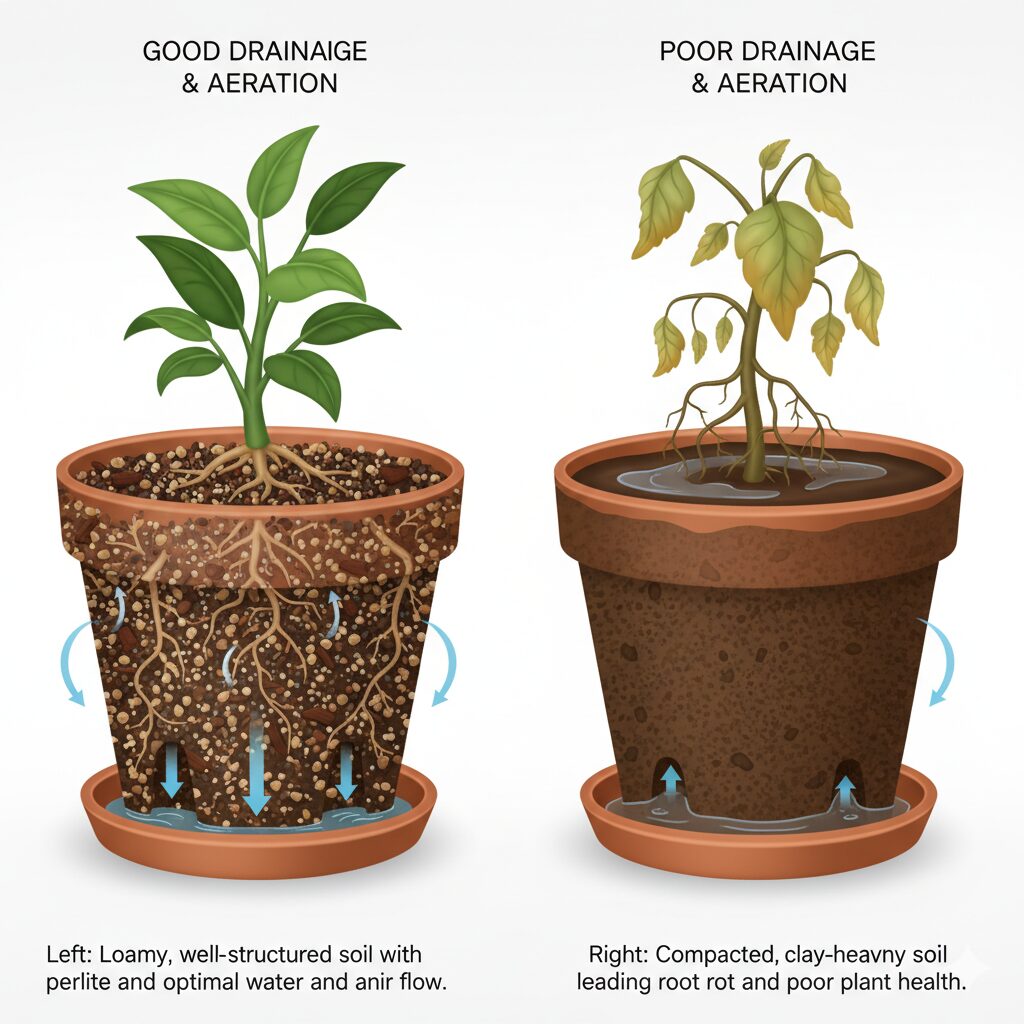 鉢植えでの「庭の土」と「良い培養土」の排水性・通気性の違いを示す比較断面図