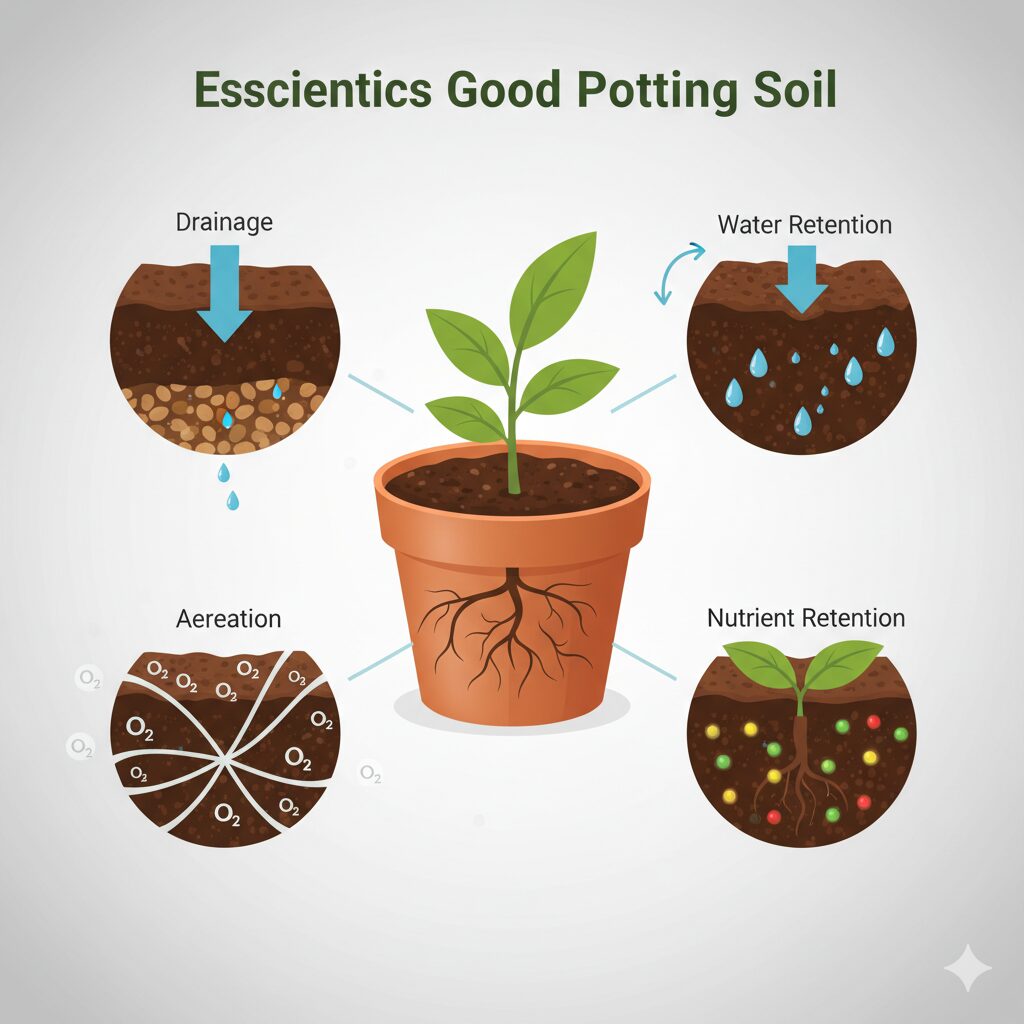 良い培養土が持つ4つの条件（排水性・保水性・通気性・保肥性）を示す分かりやすい図解