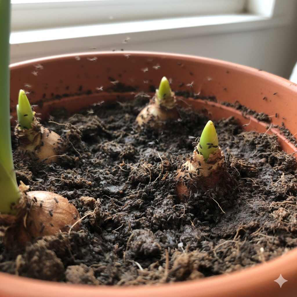 観葉植物の土の表面にコバエ（キノコバエ）が発生している様子