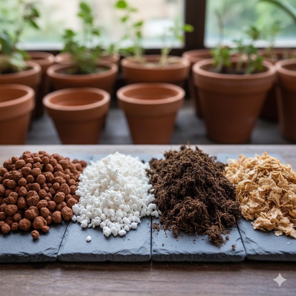 培養土の主な成分（赤玉土、パーライト、ピートモス、バーミキュライト）を並べた比較写真