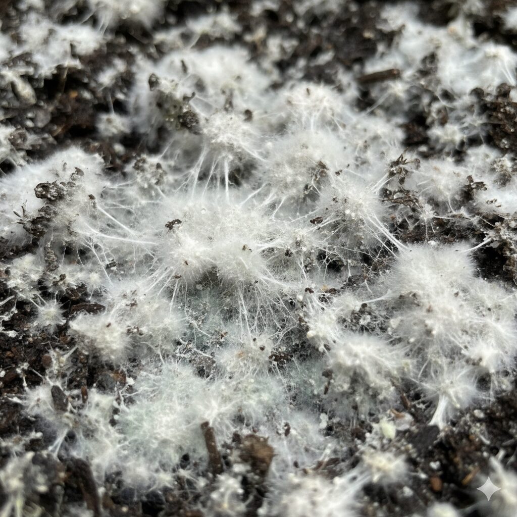 培養土の表面に発生した白いカビ（腐生菌）のクローズアップ写真