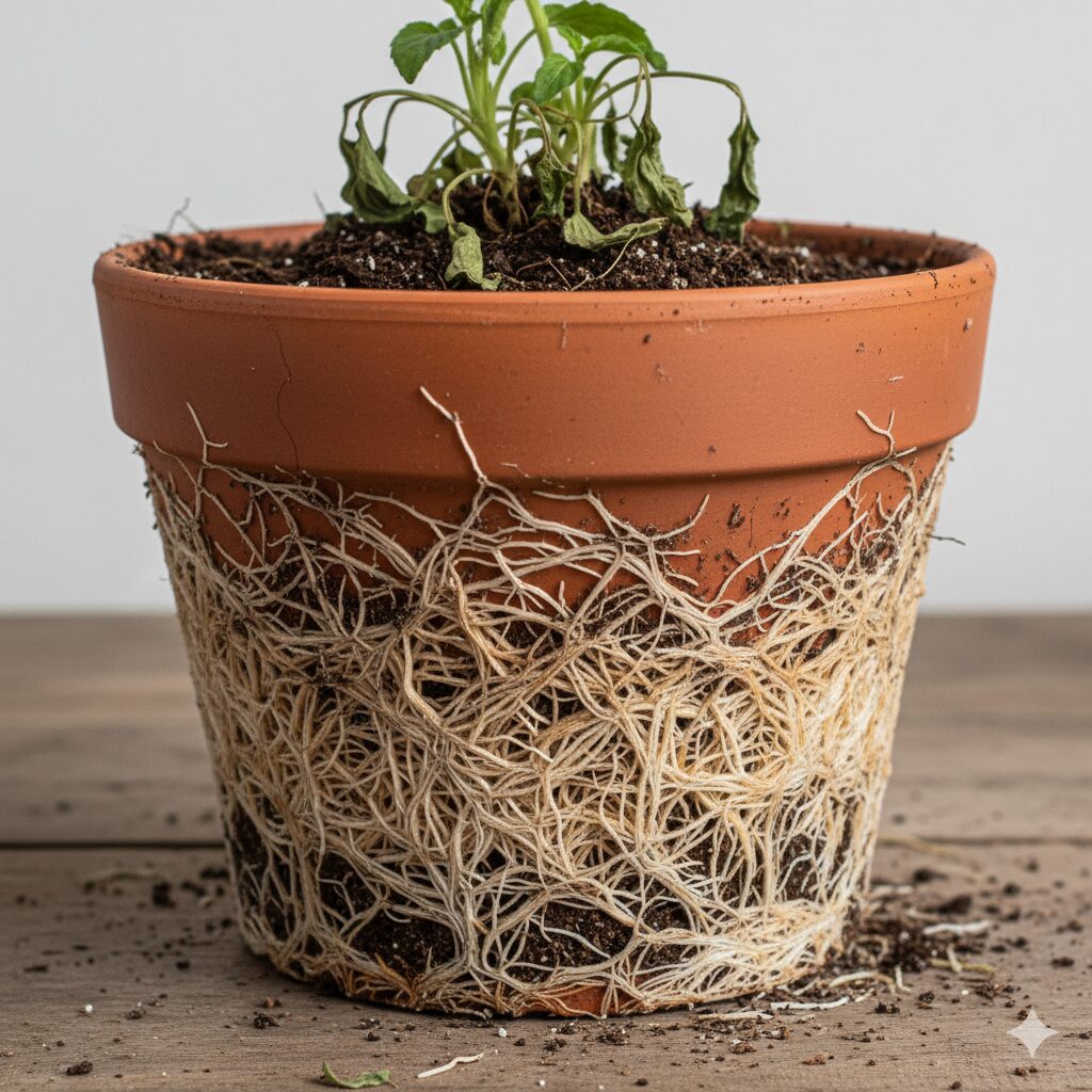 鉢の中で根がパンパンになり、鉢底から根がはみ出した「根詰まり」のサイン