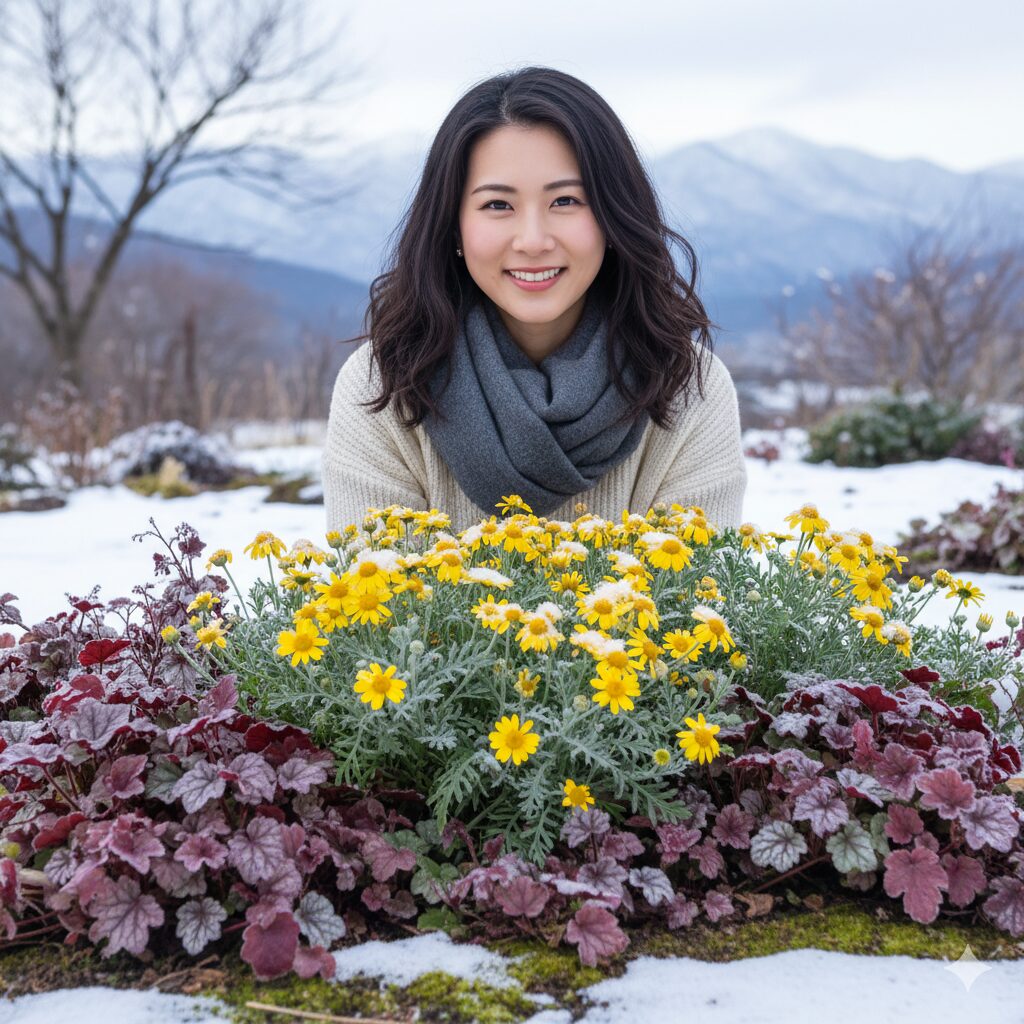 寒さに強い冬を彩るユリオプスデージーとヒューケラ。