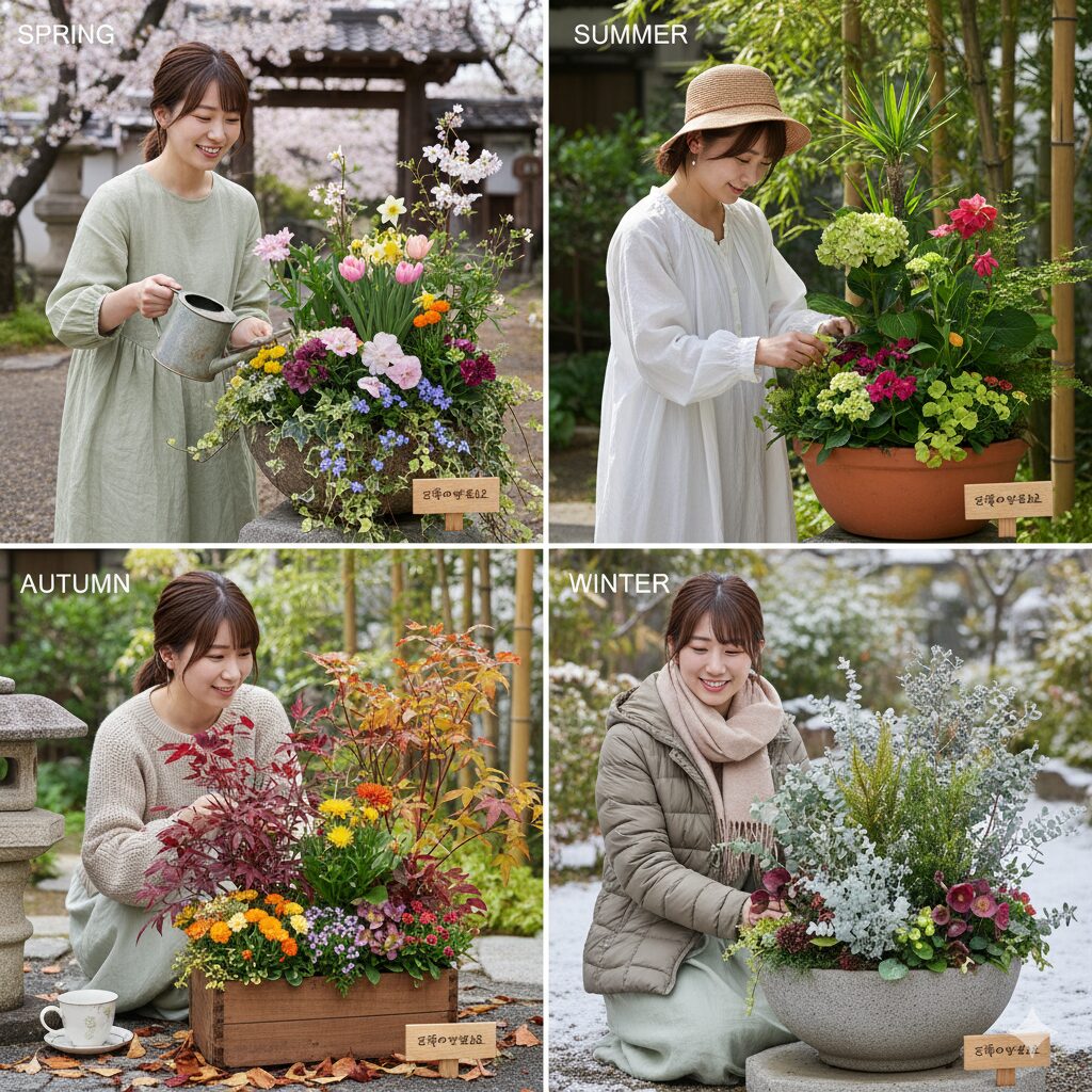 一年を通して変化する季節の寄せ植えコレクション。春のパステルカラーから冬のカラーリーフまで、様々なデザインが長期的に維持されている様子。