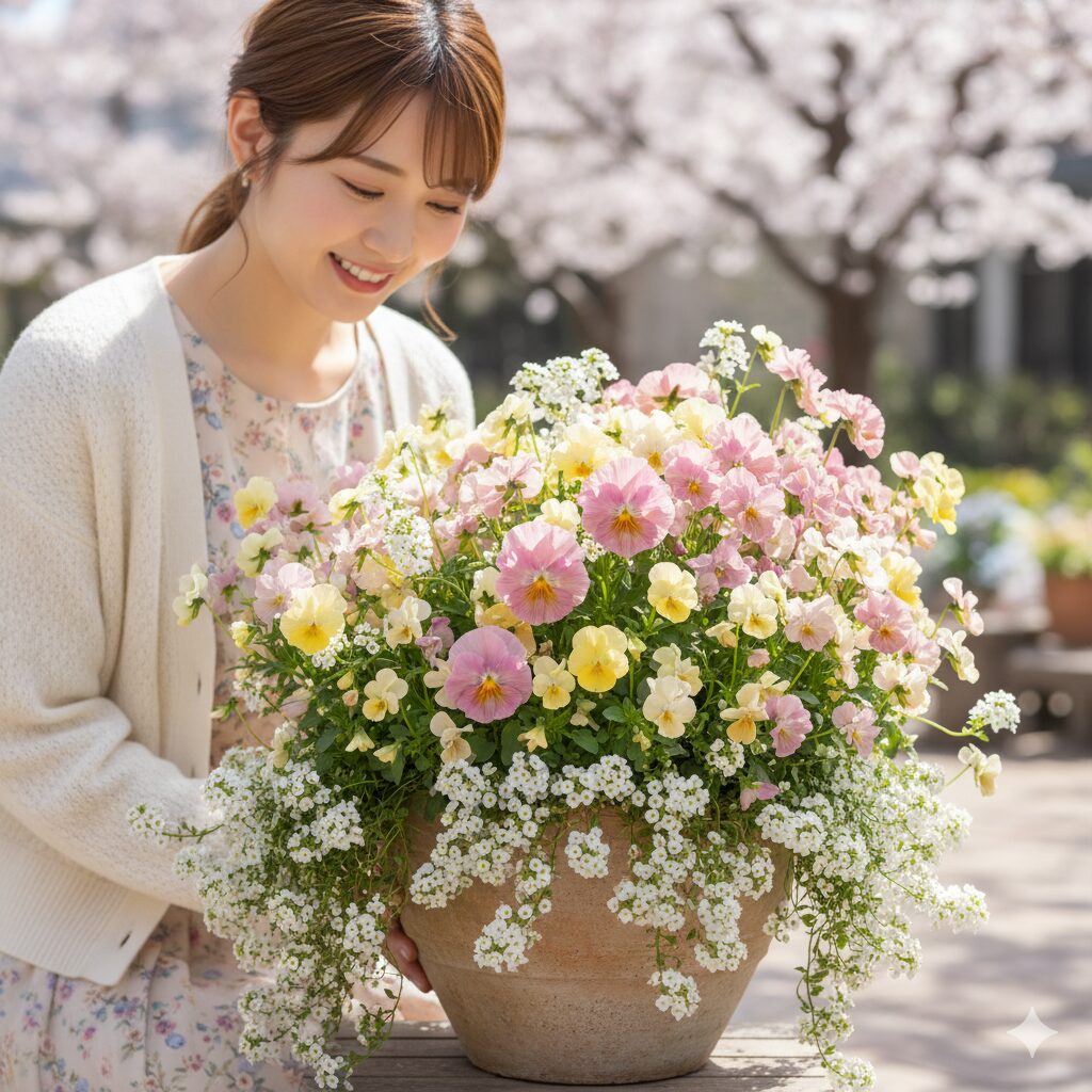 ピンクや淡い黄色、白のパンジー、ビオラ、スイートアリッサムが咲き誇る、春の軽やかで華やかな寄せ植え。