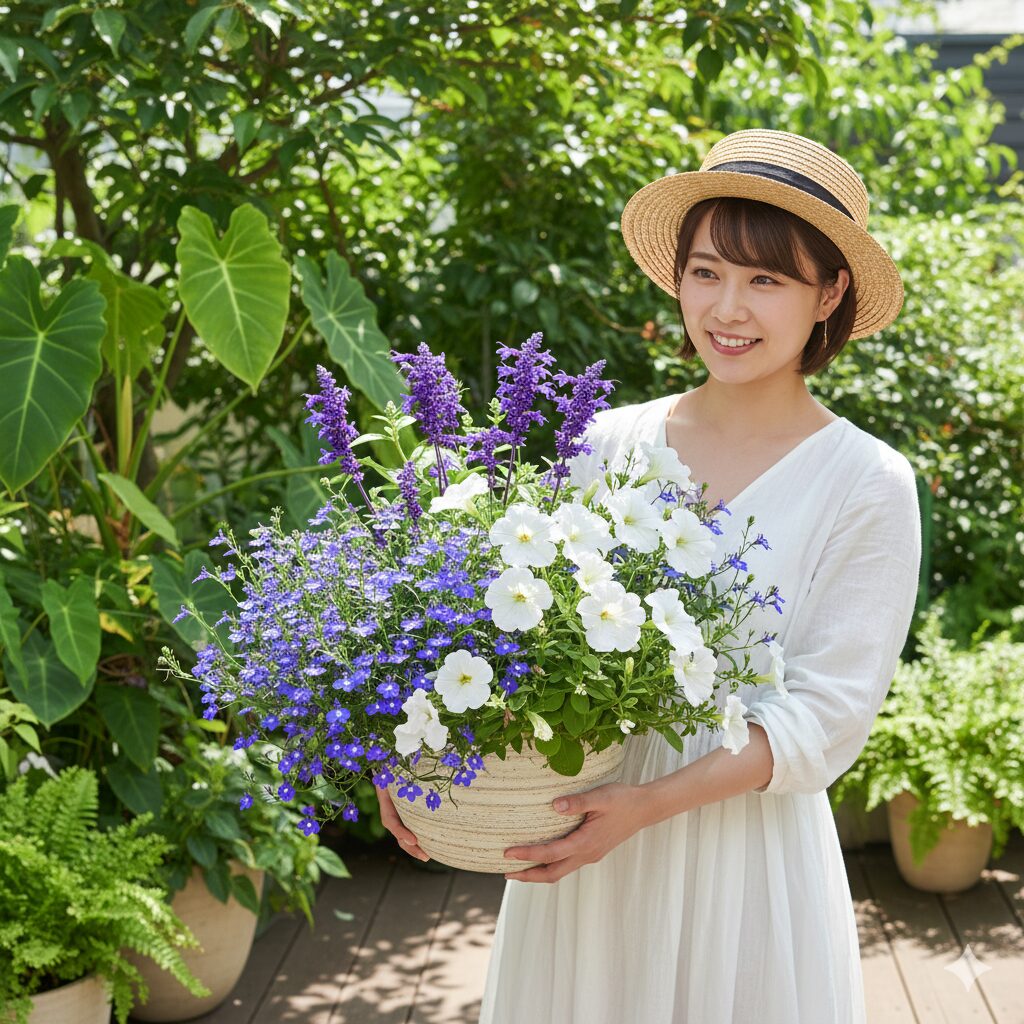 ブルー系の花(例:ロベリア、サルビア)と白い花(例:ペチュニア)が涼しげな印象を与える、夏の耐暑性寄せ植え。背景には緑豊かなリーフプランツ。