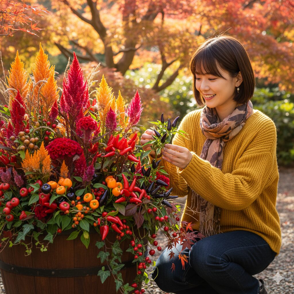 赤、オレンジ、深紫のケイトウや観賞用トウガラシが彩る、深みのある秋の寄せ植え。実ものがアクセントになっている。
