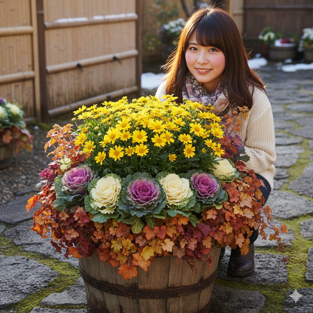 ユリオプスデージーの黄色い花と、ハボタン、ヒューケラの暖色系カラーリーフが温かみを感じさせる冬の寄せ植え。