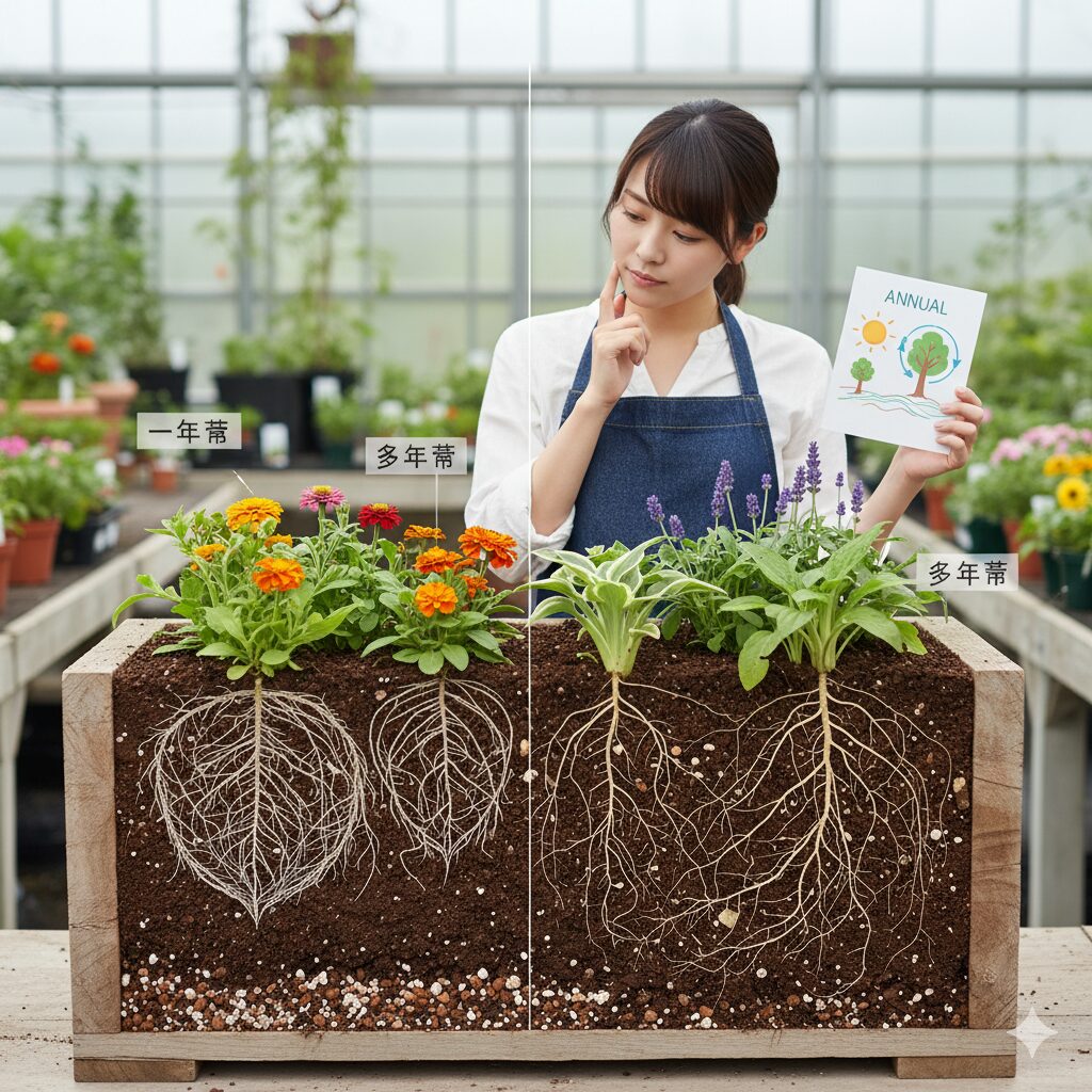一年草と多年草が混在するハイブリッドな寄せ植えの断面図。根の張り具合が分かり、植物の寿命を考慮したデザインを示唆。