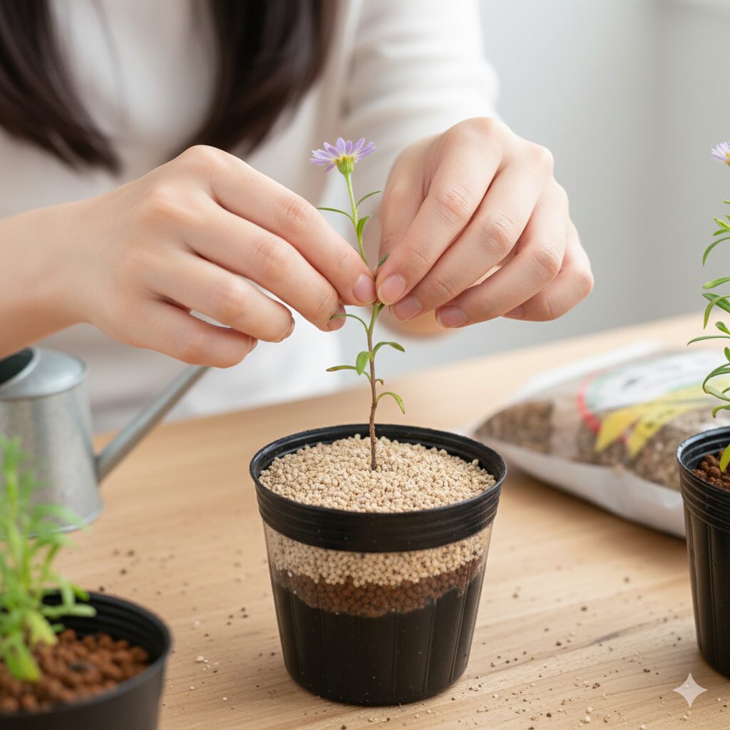 星空マムの挿し木手順。調整した挿し穂と挿し木用の土